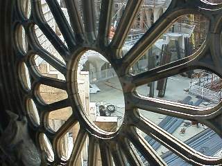 window, between spires, looking down