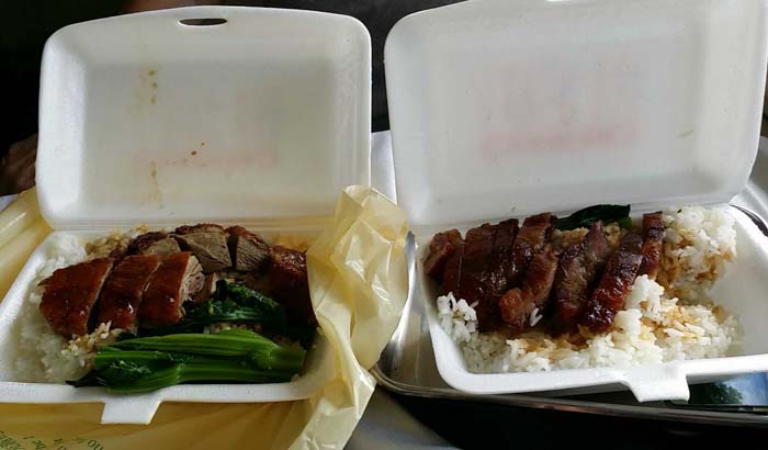 Food we brought on to the train; BBQ pork and duck with rice.