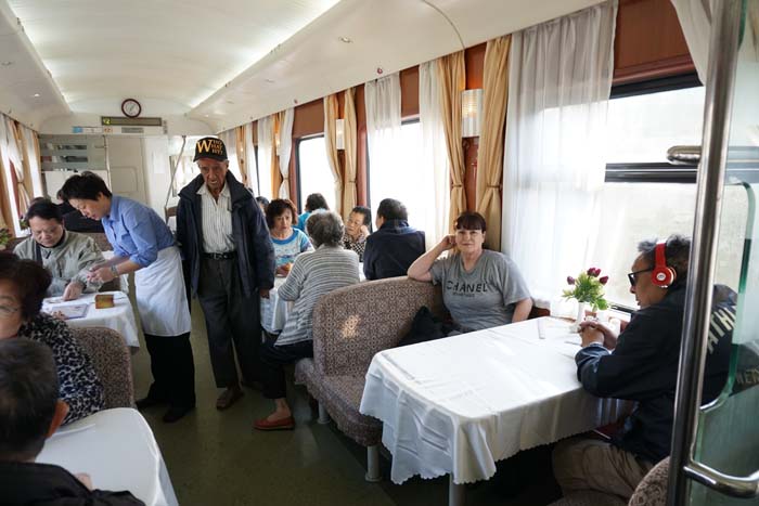 Dining car on the overnight train from Hong Kong to Shanghai.