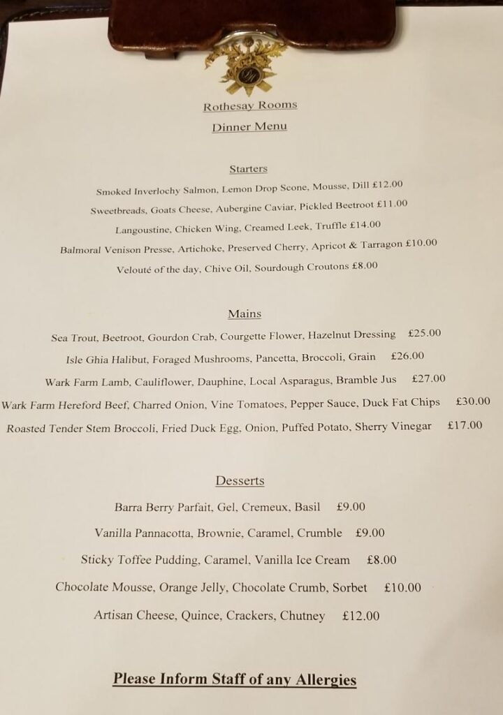 Rothsay Rooms Menu