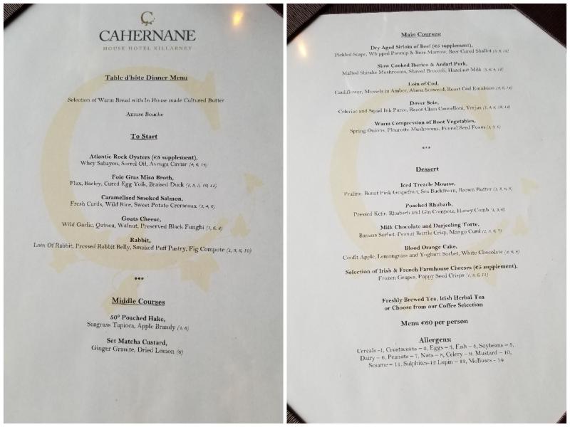 Menu at Cahernane House