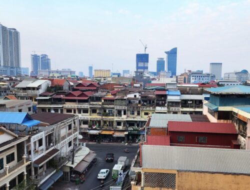 Phnom Penh skyline during the day. View from Hotel G Mekong room.