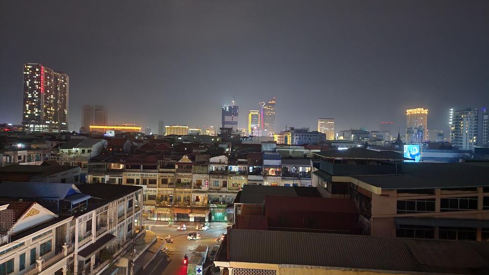 Phnom Penh skyline at night. View from Hotel G Mekong room.